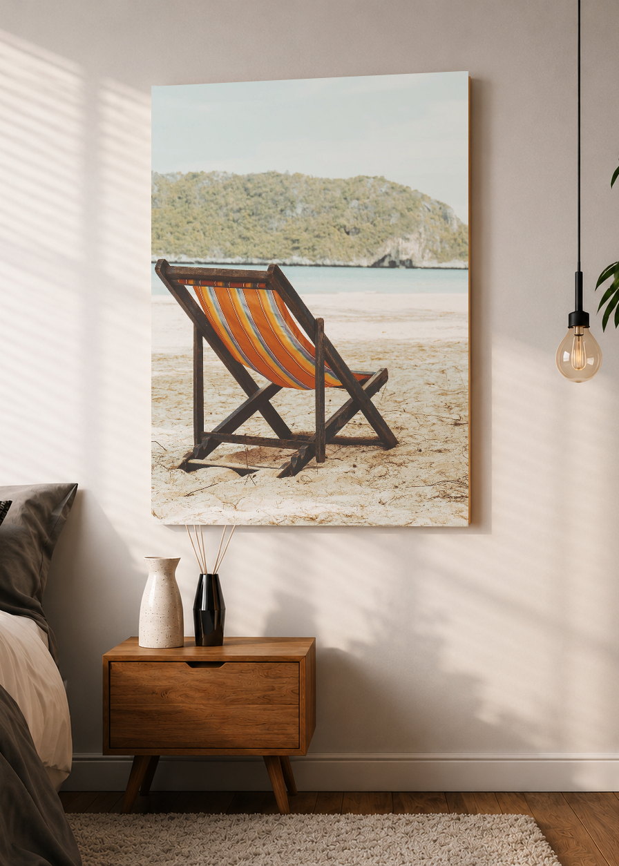 Cuadro Decorativo Mural Sin Marco 5mm - Playa, Reposera Naranja Bahía