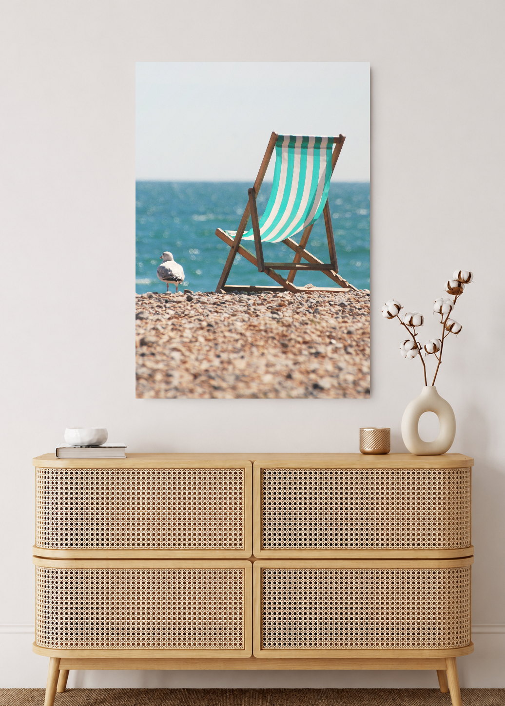 Cuadro Decorativo Mural Sin Marco 5mm - Playa, Reposera Rayada Guijarros