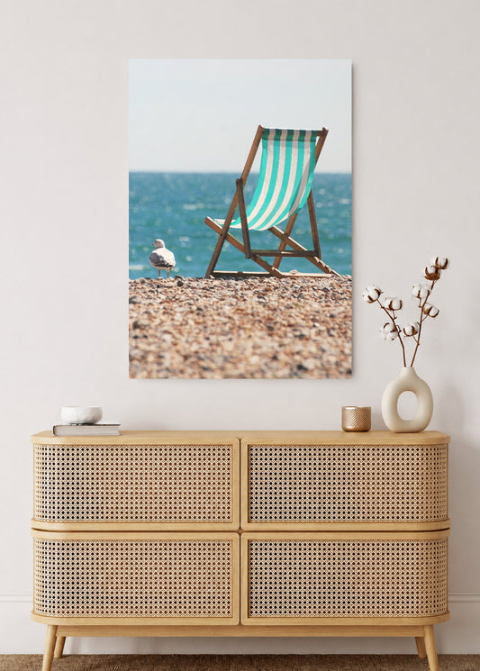 Cuadro Decorativo Mural Sin Marco 5mm - Playa, Reposera Rayada Guijarros