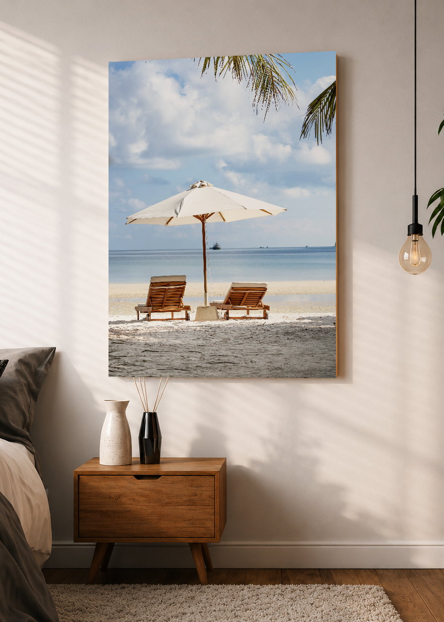 Cuadro Decorativo Mural Sin Marco 5mm - Playa, Reposeras Sombrilla Blanca