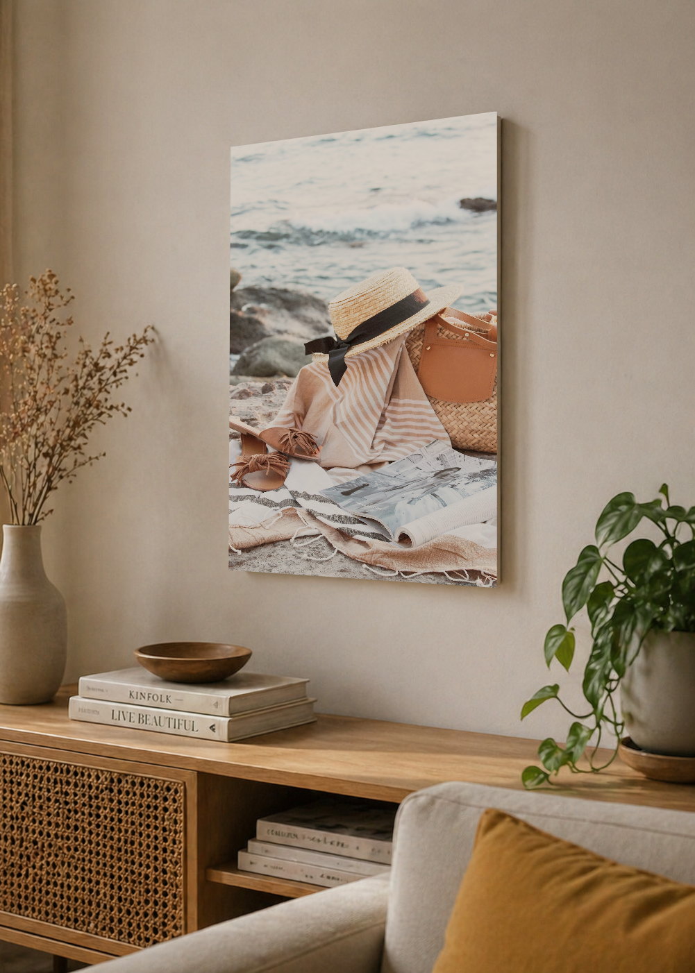 Cuadro Decorativo Mural Sin Marco 5mm - Playa, Sombrero Canasta Orilla