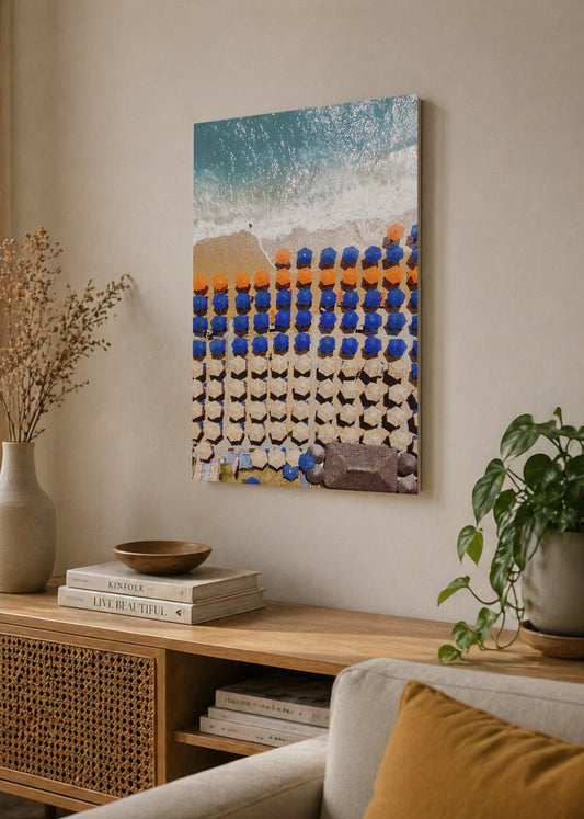 Cuadro Decorativo Mural Sin Marco 5mm - Playa, Sombrillas Azules Hileras