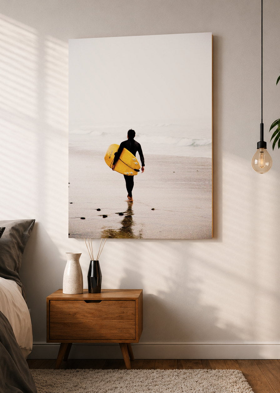 Cuadro Decorativo Mural Sin Marco 5mm - Playa, Surfista Caminando Amarillo