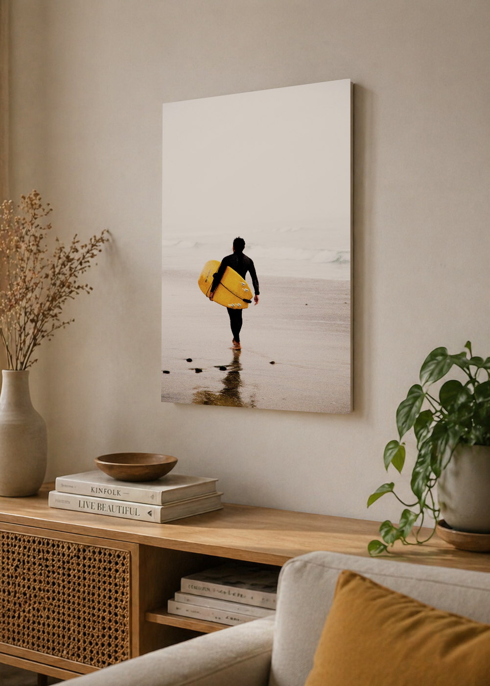 Cuadro Decorativo Mural Sin Marco 5mm - Playa, Surfista Caminando Amarillo