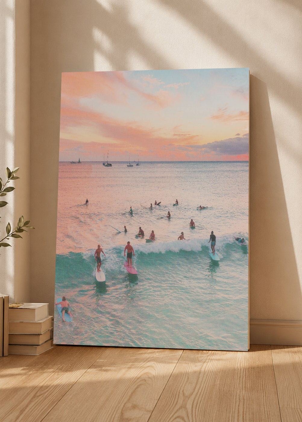 Cuadro Decorativo Mural Sin Marco 5mm - Playa, Surfistas Atardecer Pastel
