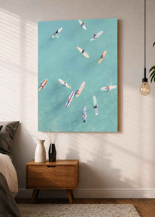Cuadro Decorativo Mural Sin Marco 5mm - Playa, Surfistas Dispersos Celeste