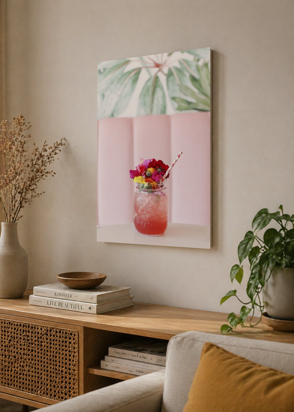 Cuadro Decorativo Mural Sin Marco 5mm - Playa, Trago Flores Rosa