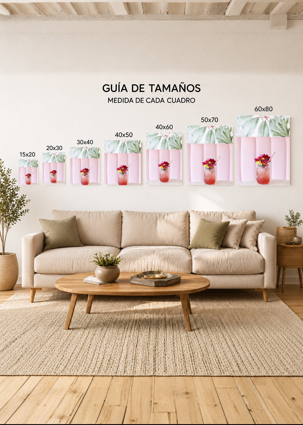 Cuadro Decorativo Mural Sin Marco 5mm - Playa, Trago Flores Rosa