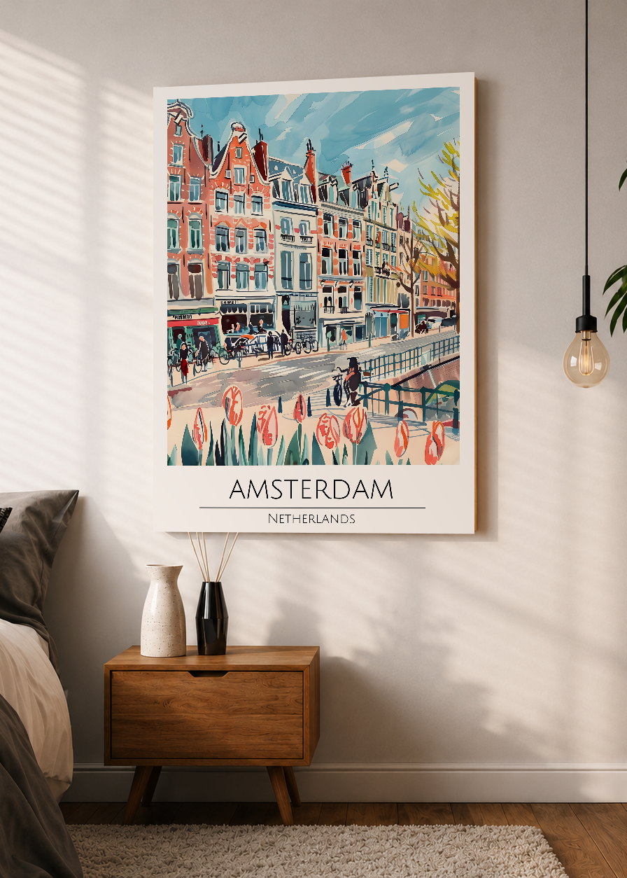 Cuadro Decorativo Mural Sin Marco 5mm - Travel, Ámsterdam, Países Bajos, Ilustración Canal