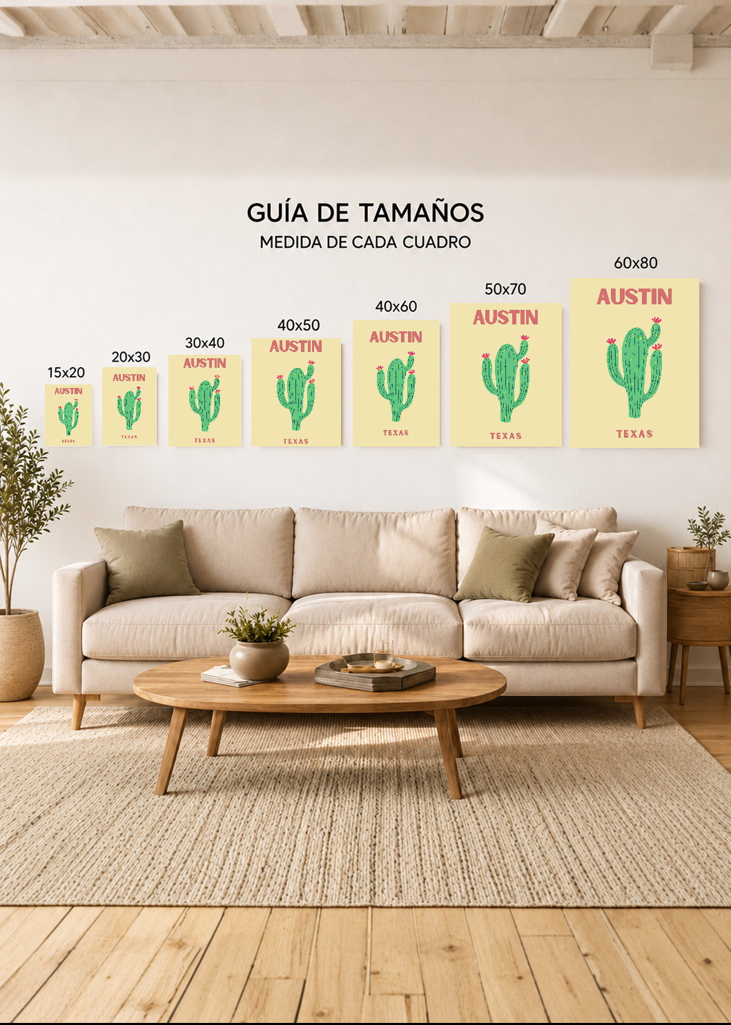 Cuadro Decorativo Mural Sin Marco 5mm - Travel, Austin, Texas, Cactus Crema