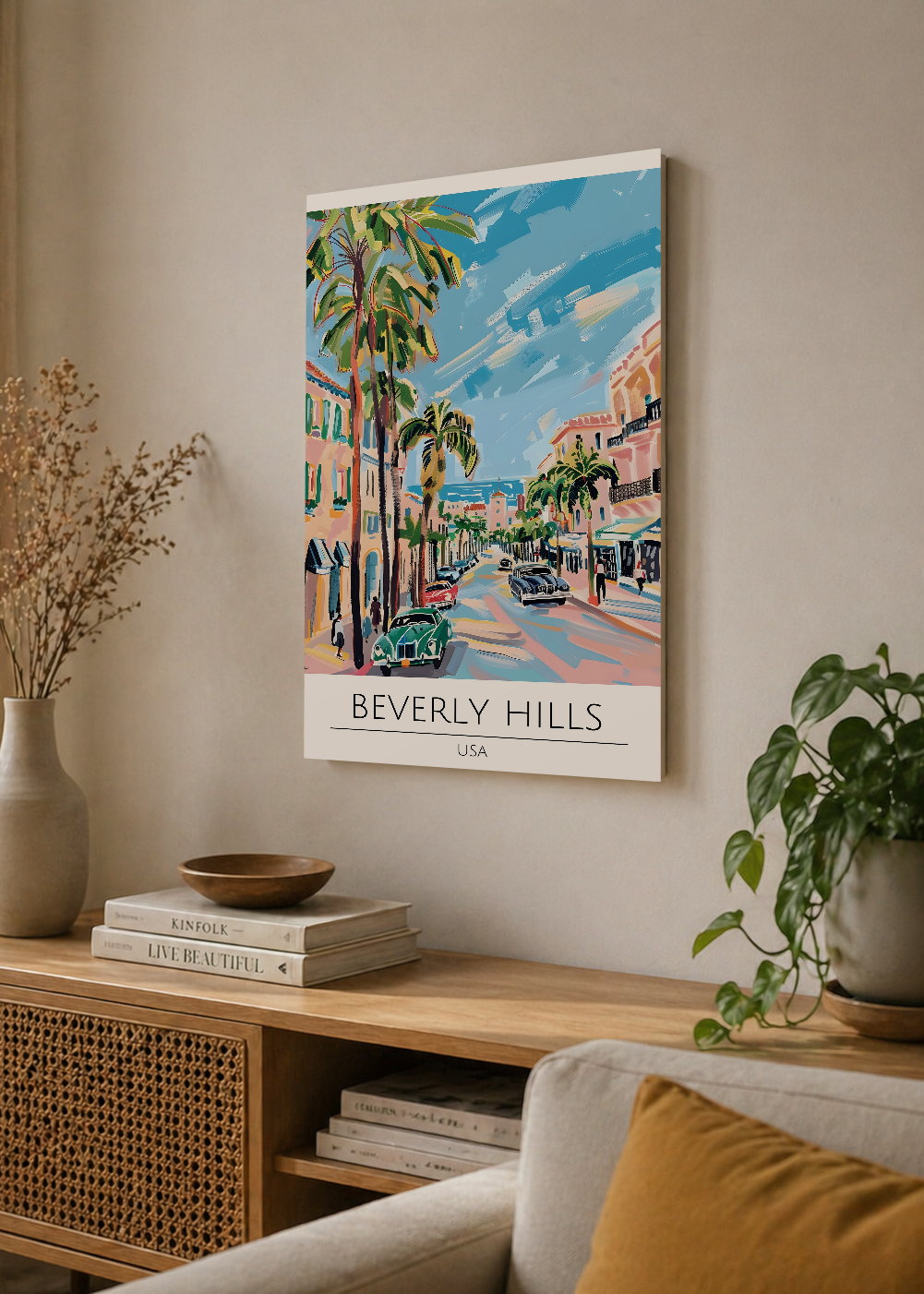 Cuadro Decorativo Mural Sin Marco 5mm - Travel, Beverly Hills, USA, Ilustración Palmeras