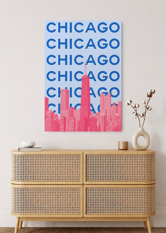 Cuadro Decorativo Mural Sin Marco 5mm - Travel, Chicago, USA, Skyline Azul Rosa
