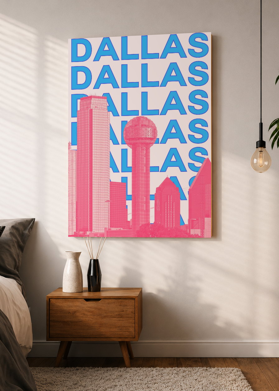 Cuadro Decorativo Mural Sin Marco 5mm - Travel, Dallas, USA, Skyline Azul Rosa