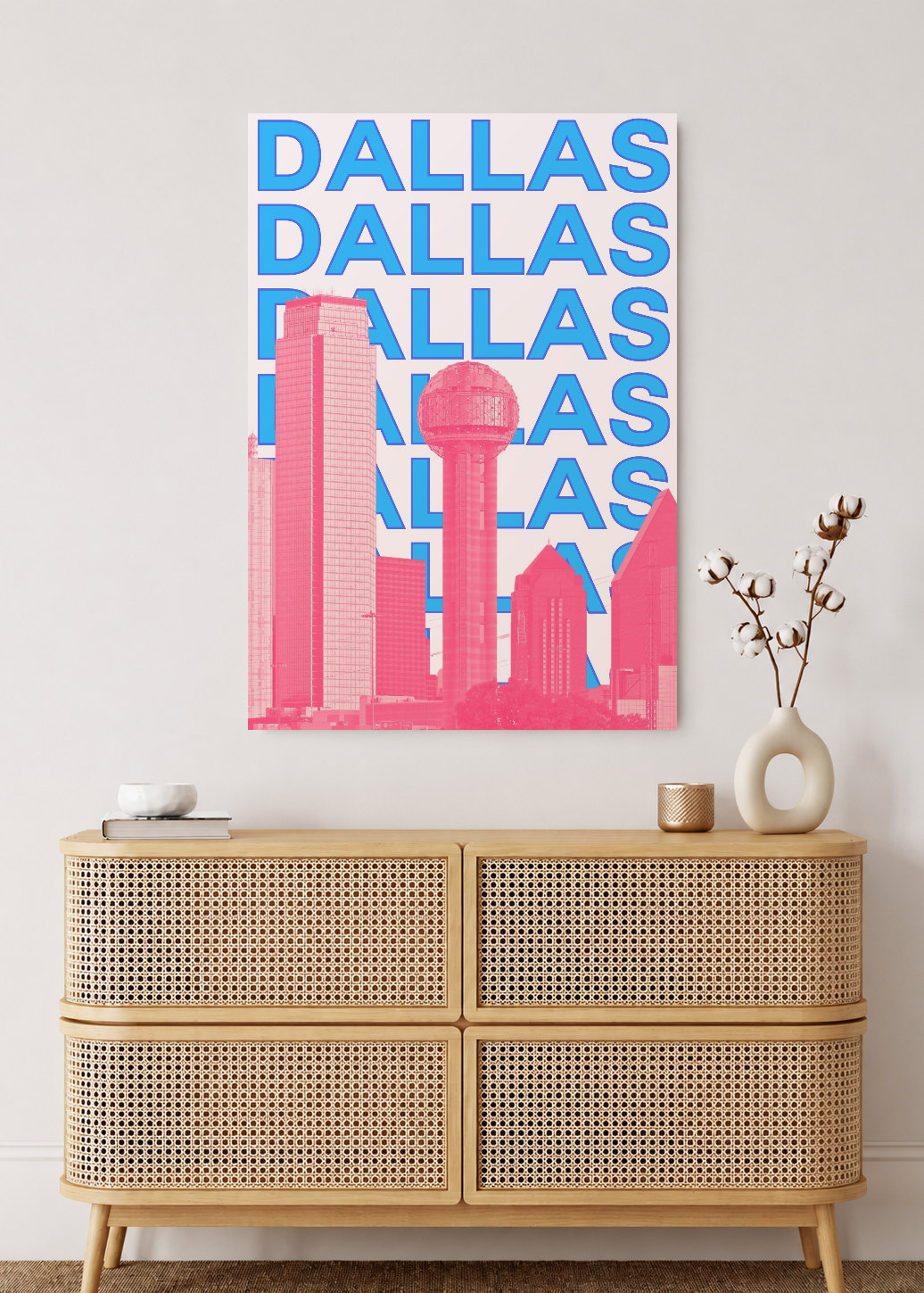 Cuadro Decorativo Mural Sin Marco 5mm - Travel, Dallas, USA, Skyline Azul Rosa