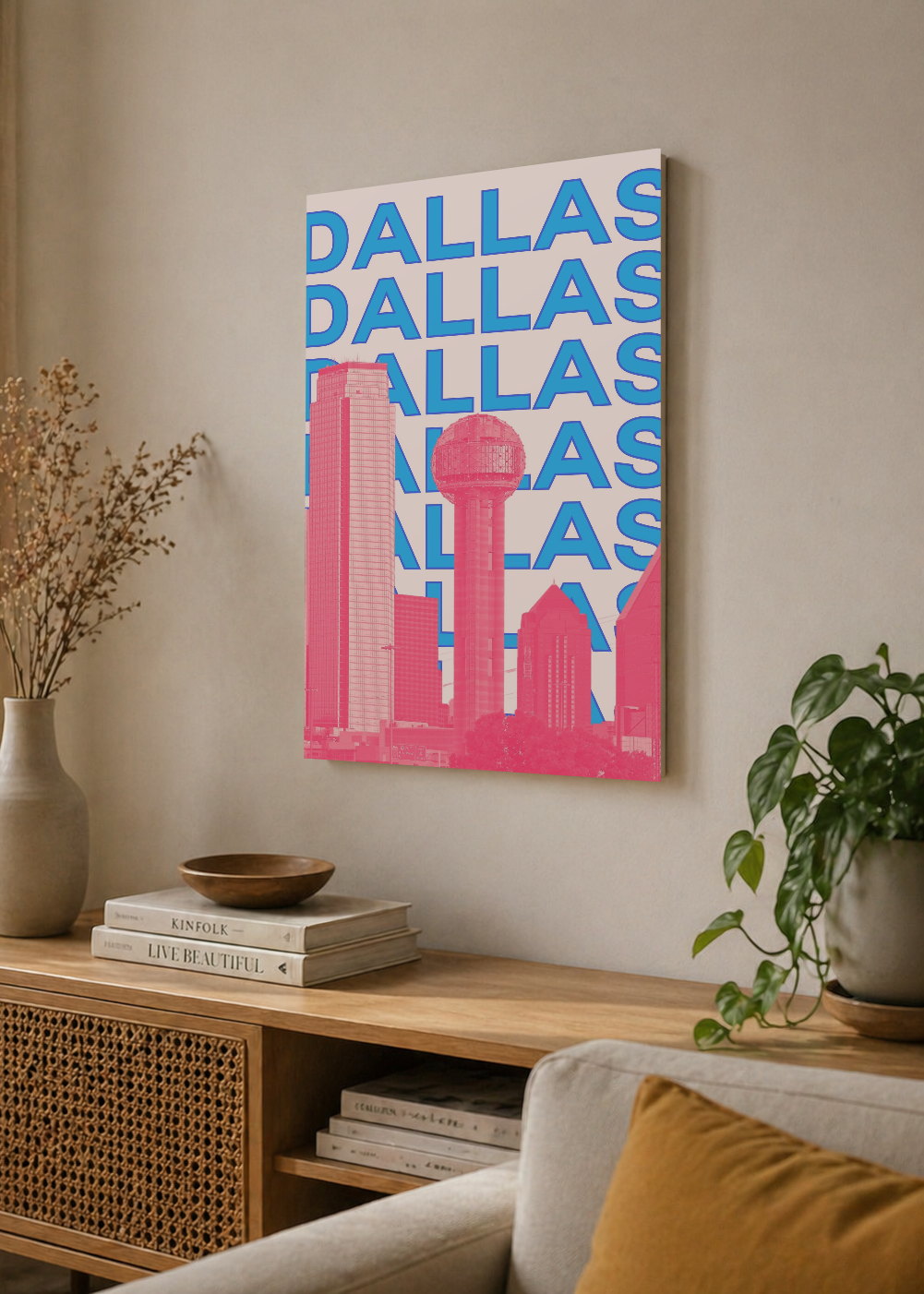 Cuadro Decorativo Mural Sin Marco 5mm - Travel, Dallas, USA, Skyline Azul Rosa
