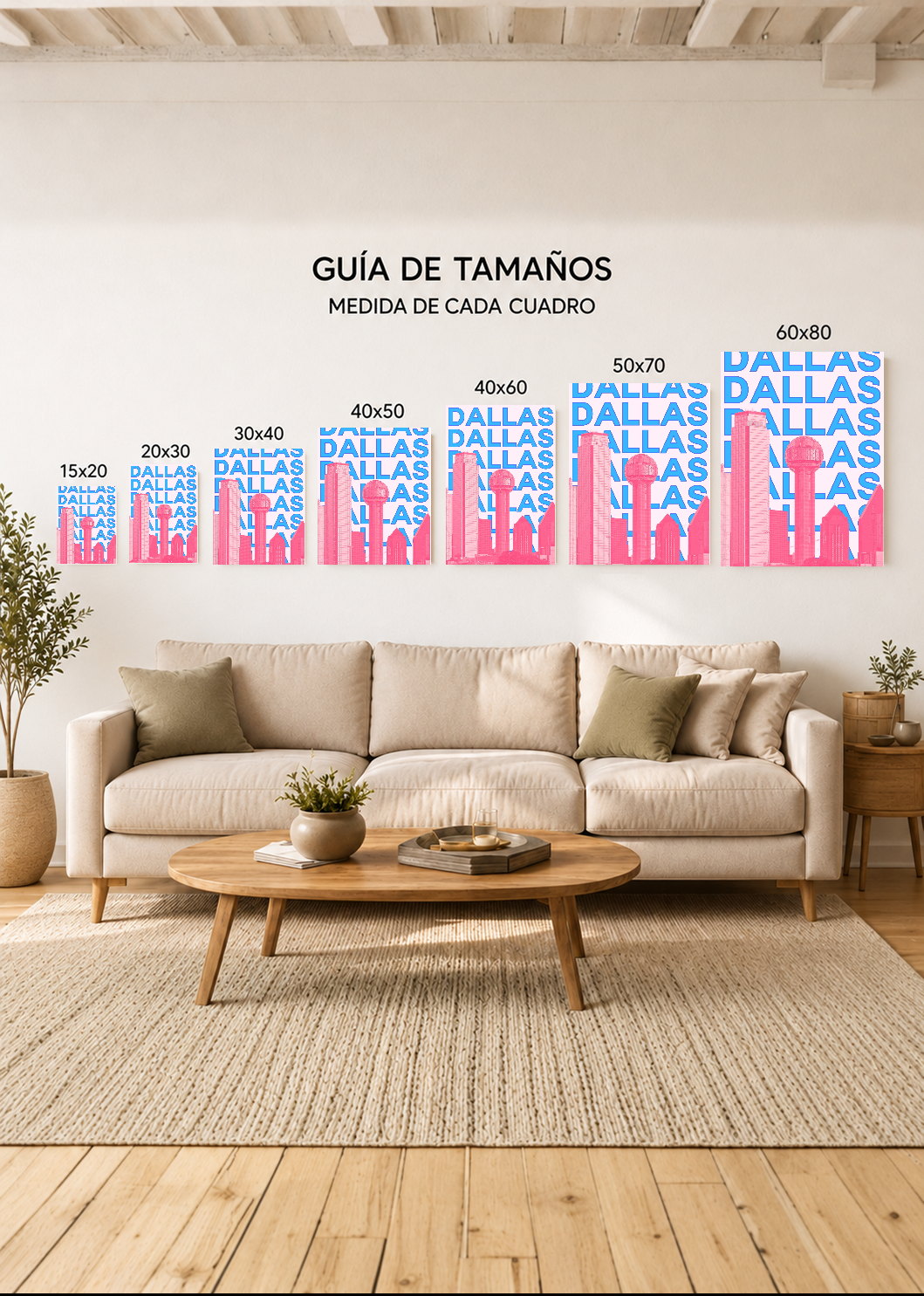 Cuadro Decorativo Mural Sin Marco 5mm - Travel, Dallas, USA, Skyline Azul Rosa