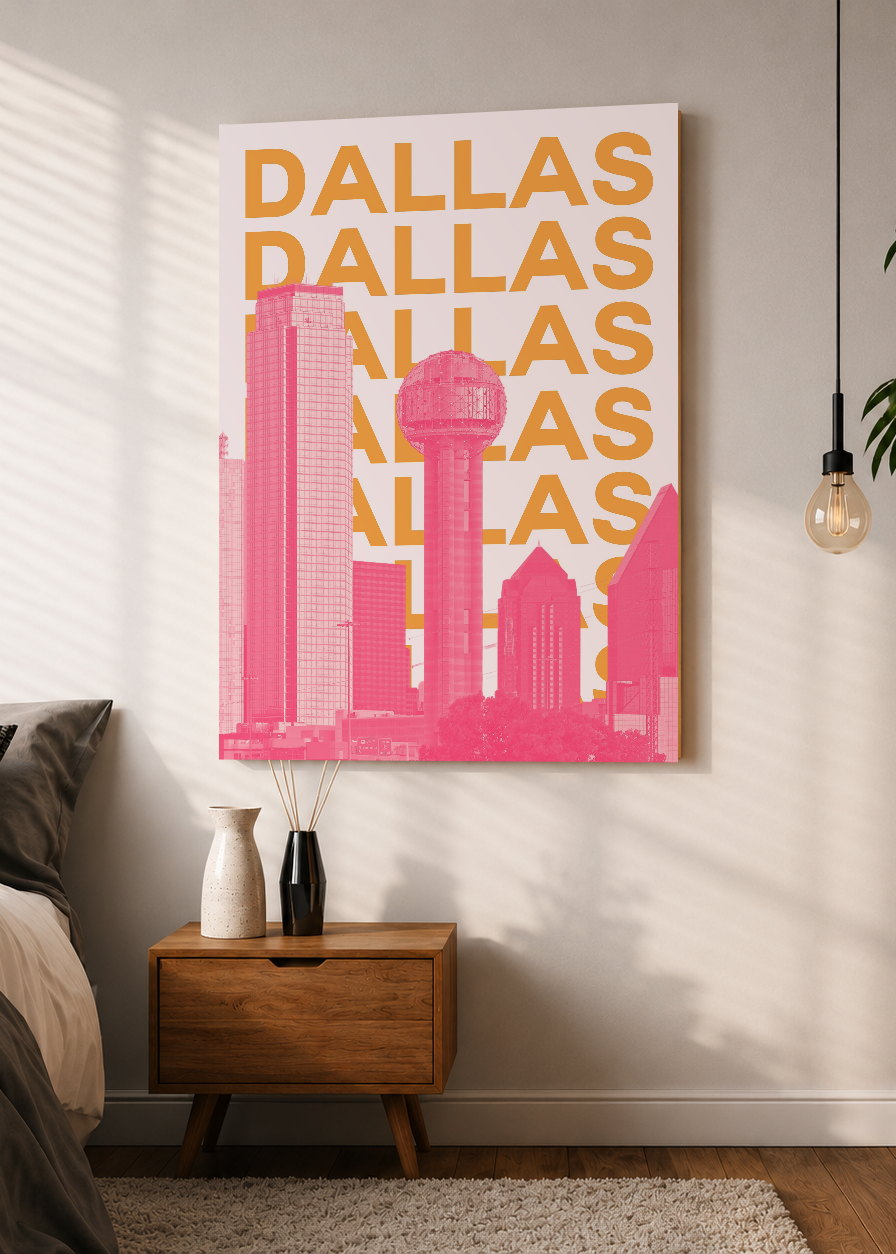 Cuadro Decorativo Mural Sin Marco 5mm - Travel, Dallas, USA, Skyline Naranja Rosa