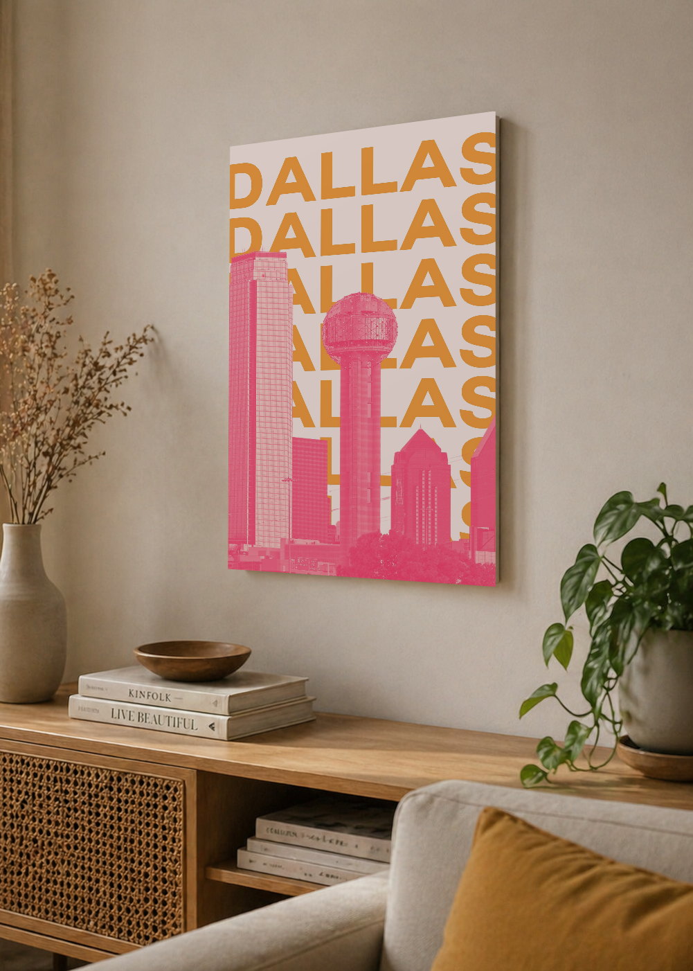 Cuadro Decorativo Mural Sin Marco 5mm - Travel, Dallas, USA, Skyline Naranja Rosa