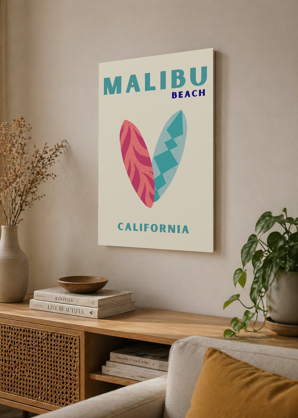 Cuadro Decorativo Mural Sin Marco 5mm - Travel, Malibú, California, Tablas Surf Crema