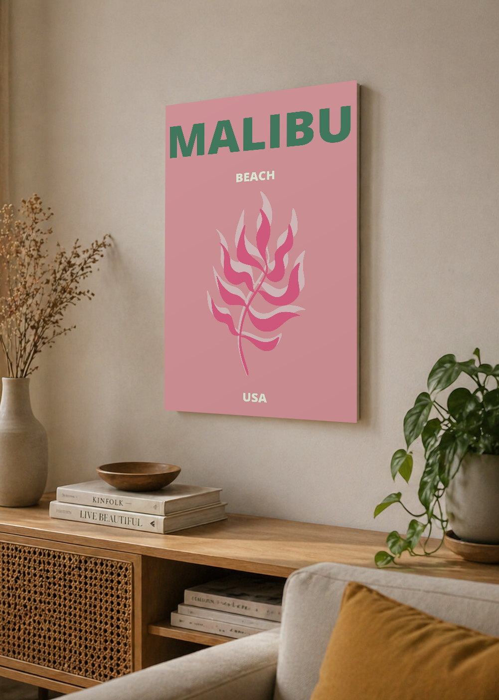 Cuadro Decorativo Mural Sin Marco 5mm - Travel, Malibú, USA, Coral Rosa
