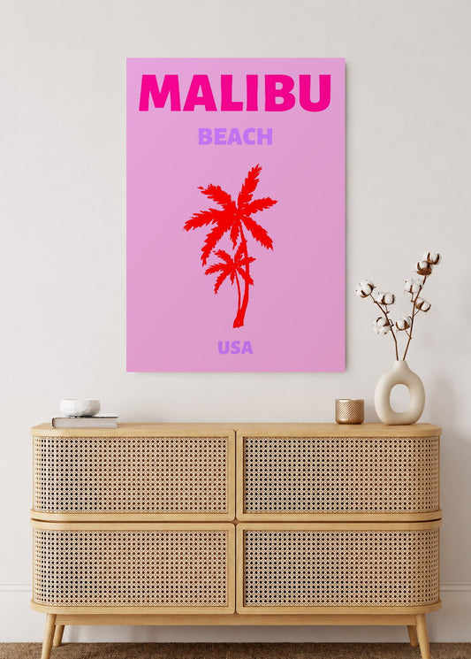 Cuadro Decorativo Mural Sin Marco 5mm - Travel, Malibú, USA, Palmera Roja Fucsia