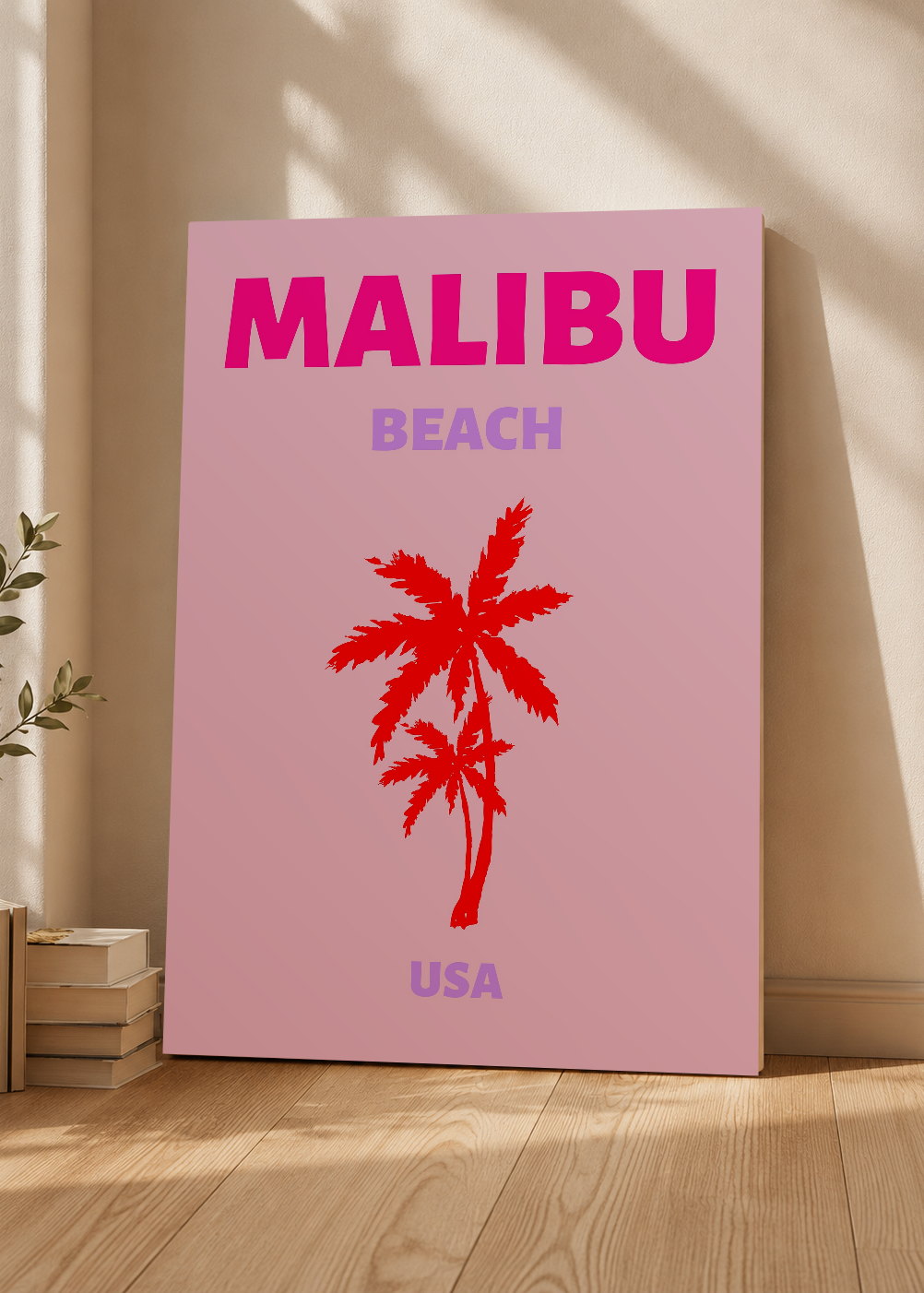 Cuadro Decorativo Mural Sin Marco 5mm - Travel, Malibú, USA, Palmera Roja Rosa
