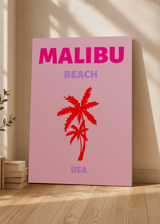 Cuadro Decorativo Mural Sin Marco 5mm - Travel, Malibú, USA, Palmera Roja Rosa