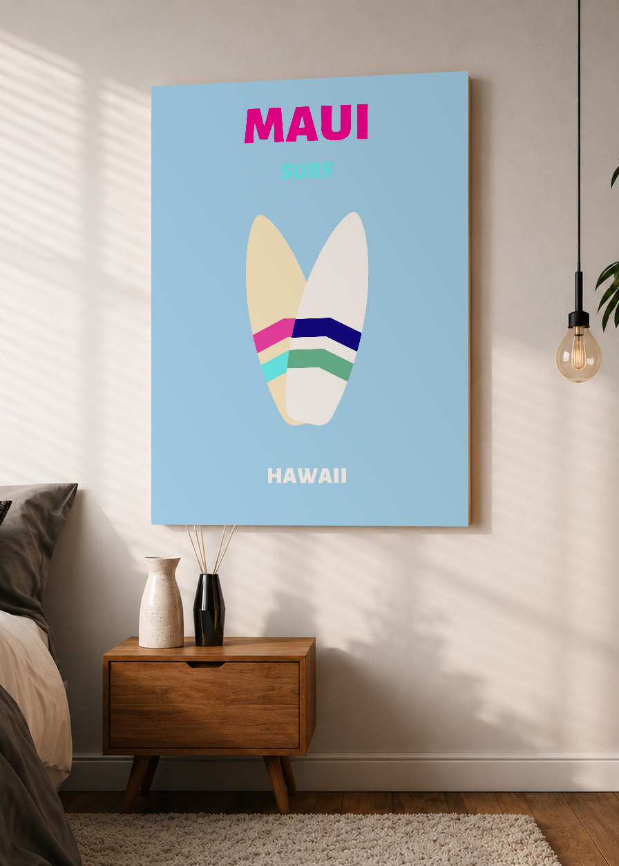 Cuadro Decorativo Mural Sin Marco 5mm - Travel, Maui, Hawaii, Tablas Surf Celeste