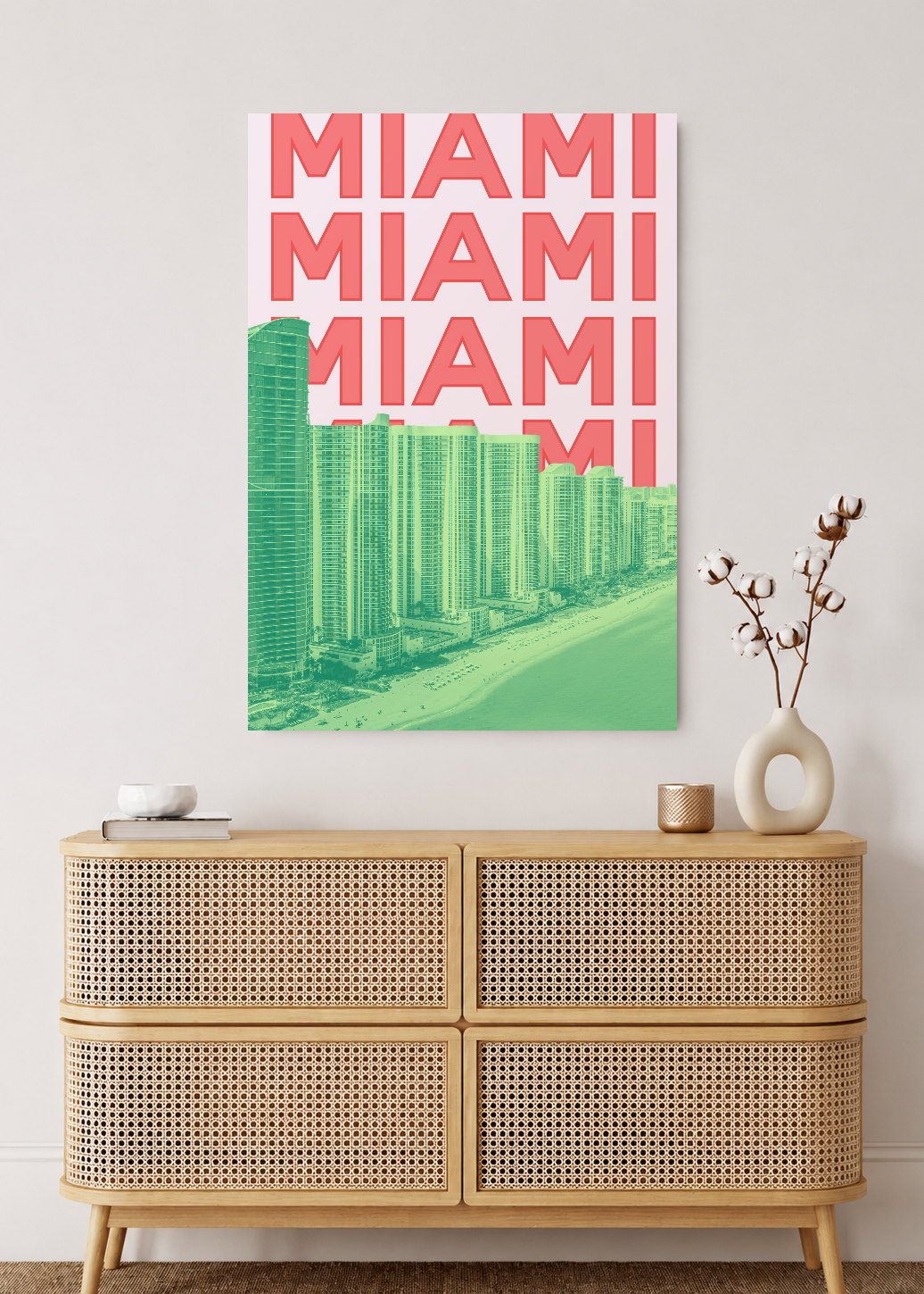 Cuadro Decorativo Mural Sin Marco 5mm - Travel, Miami, USA, Skyline Rosa Verde