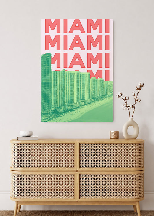Cuadro Decorativo Mural Sin Marco 5mm - Travel, Miami, USA, Skyline Rosa Verde