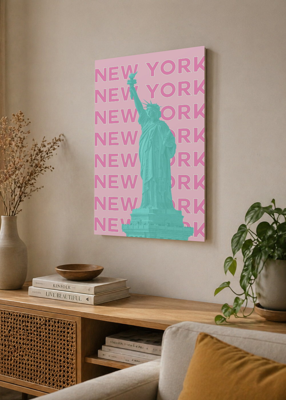 Cuadro Decorativo Mural Sin Marco 5mm - Travel, Nueva York Estatua Libertad, USA, Rosa