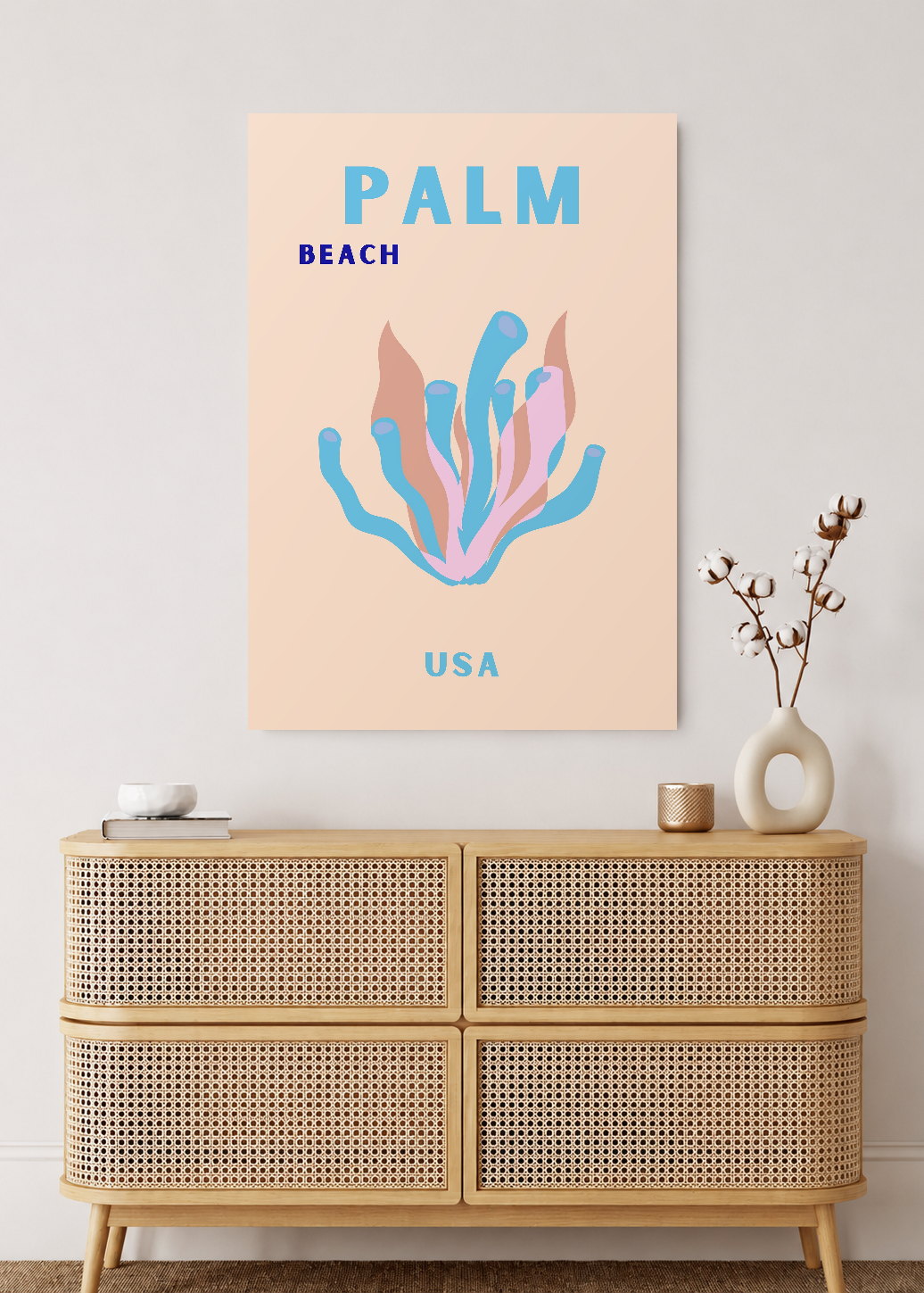 Cuadro Decorativo Mural Sin Marco 5mm - Travel, Palm Beach, USA, Coral Azul Rosa