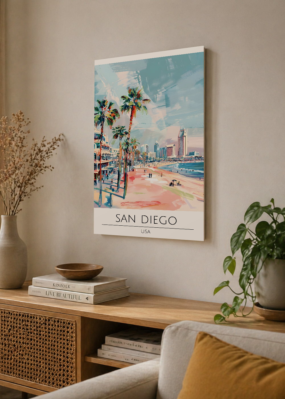 Cuadro Decorativo Mural Sin Marco 5mm - Travel, San Diego, USA, Ilustración Playa