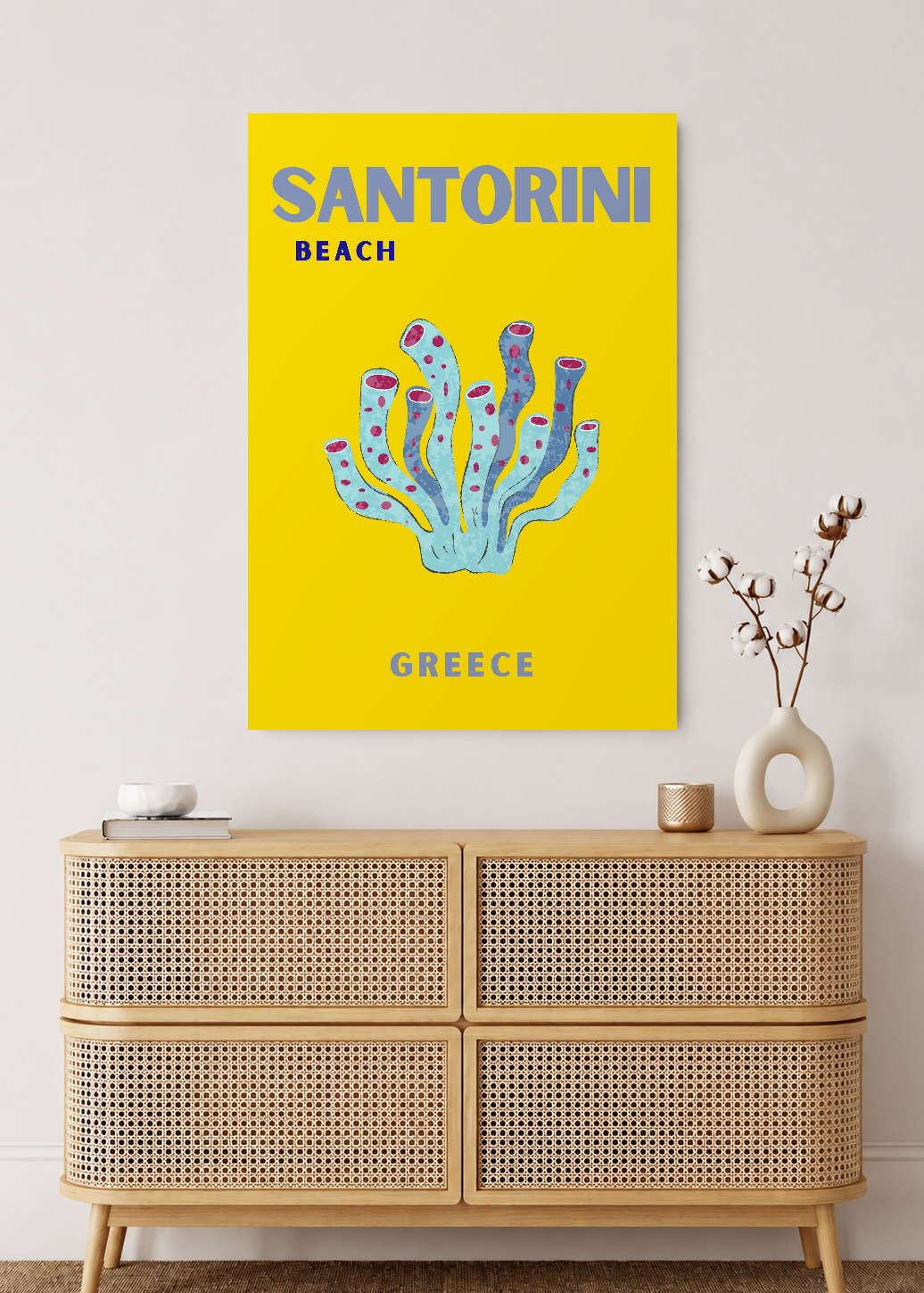 Cuadro Decorativo Mural Sin Marco 5mm - Travel, Santorini, Grecia, Coral Amarillo
