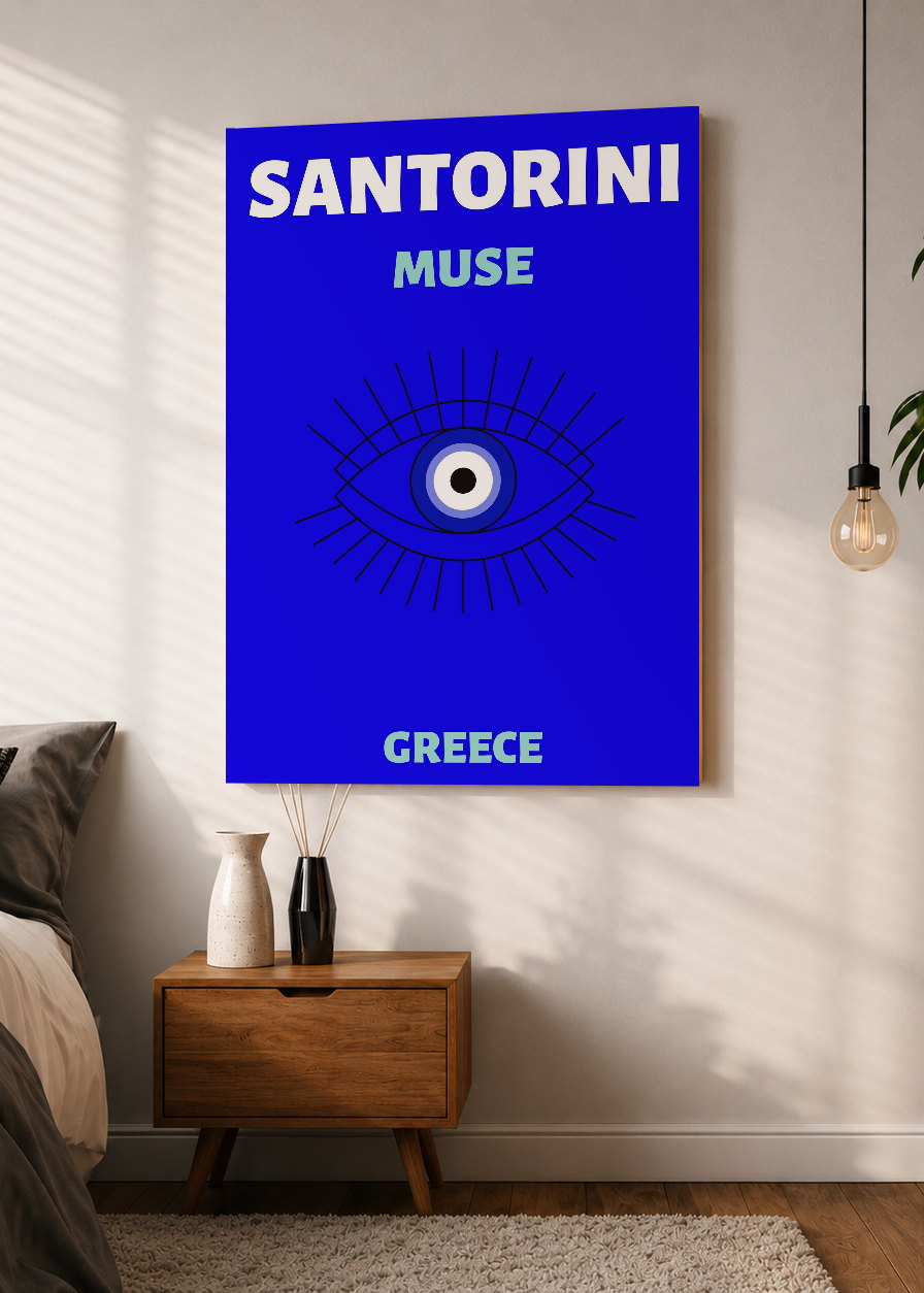Cuadro Decorativo Mural Sin Marco 5mm - Travel, Santorini, Grecia, Ojo Turco Azul