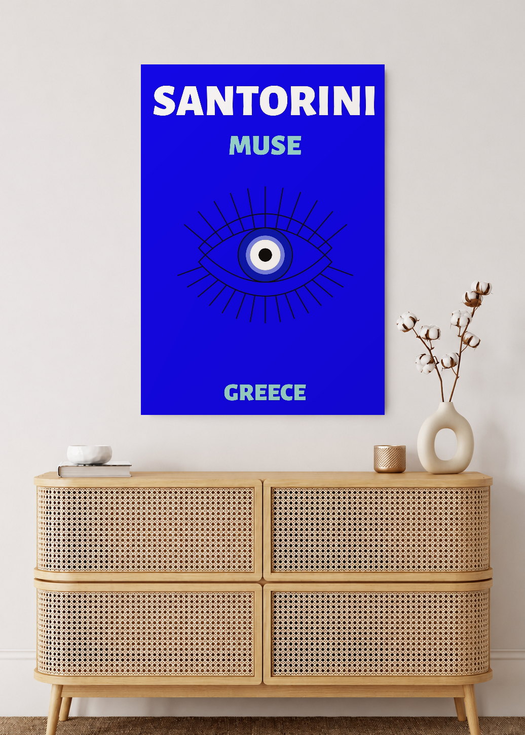 Cuadro Decorativo Mural Sin Marco 5mm - Travel, Santorini, Grecia, Ojo Turco Azul