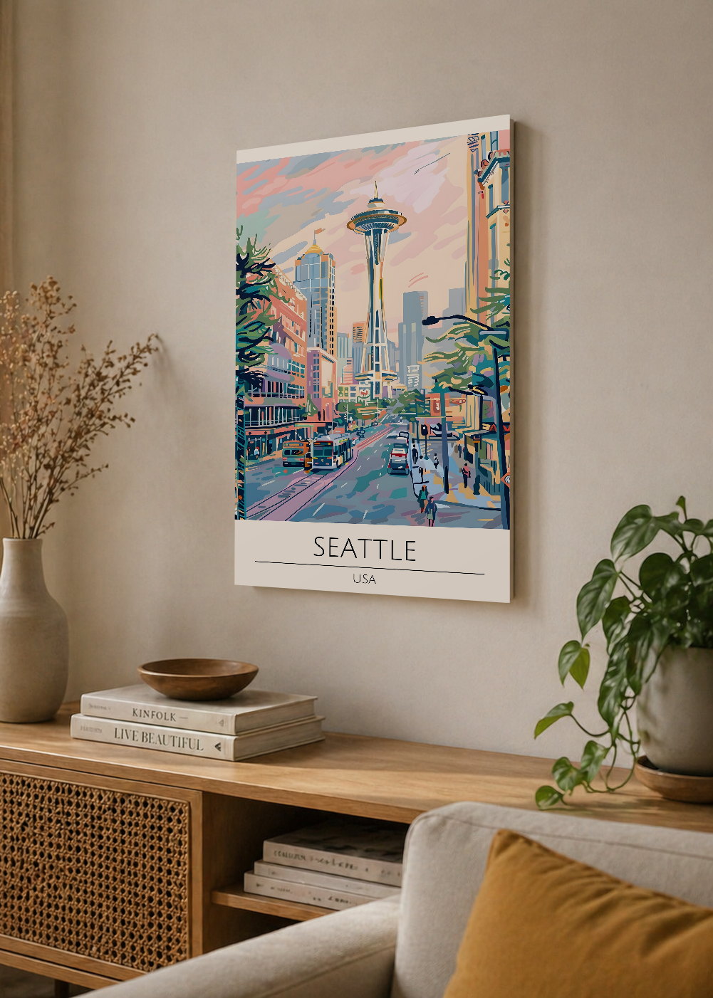 Cuadro Decorativo Mural Sin Marco 5mm - Travel, Seattle, USA, Ilustración Space Needle