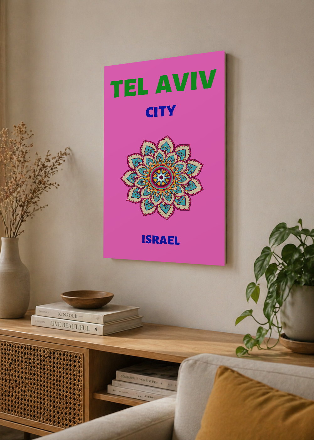 Cuadro Decorativo Mural Sin Marco 5mm - Travel, Tel Aviv, Israel, Mandala Rosa