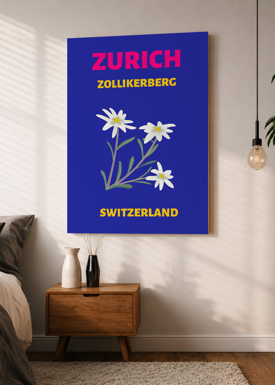 Cuadro Decorativo Mural Sin Marco 5mm - Travel, Zúrich, Suiza, Edelweiss Azul Marino