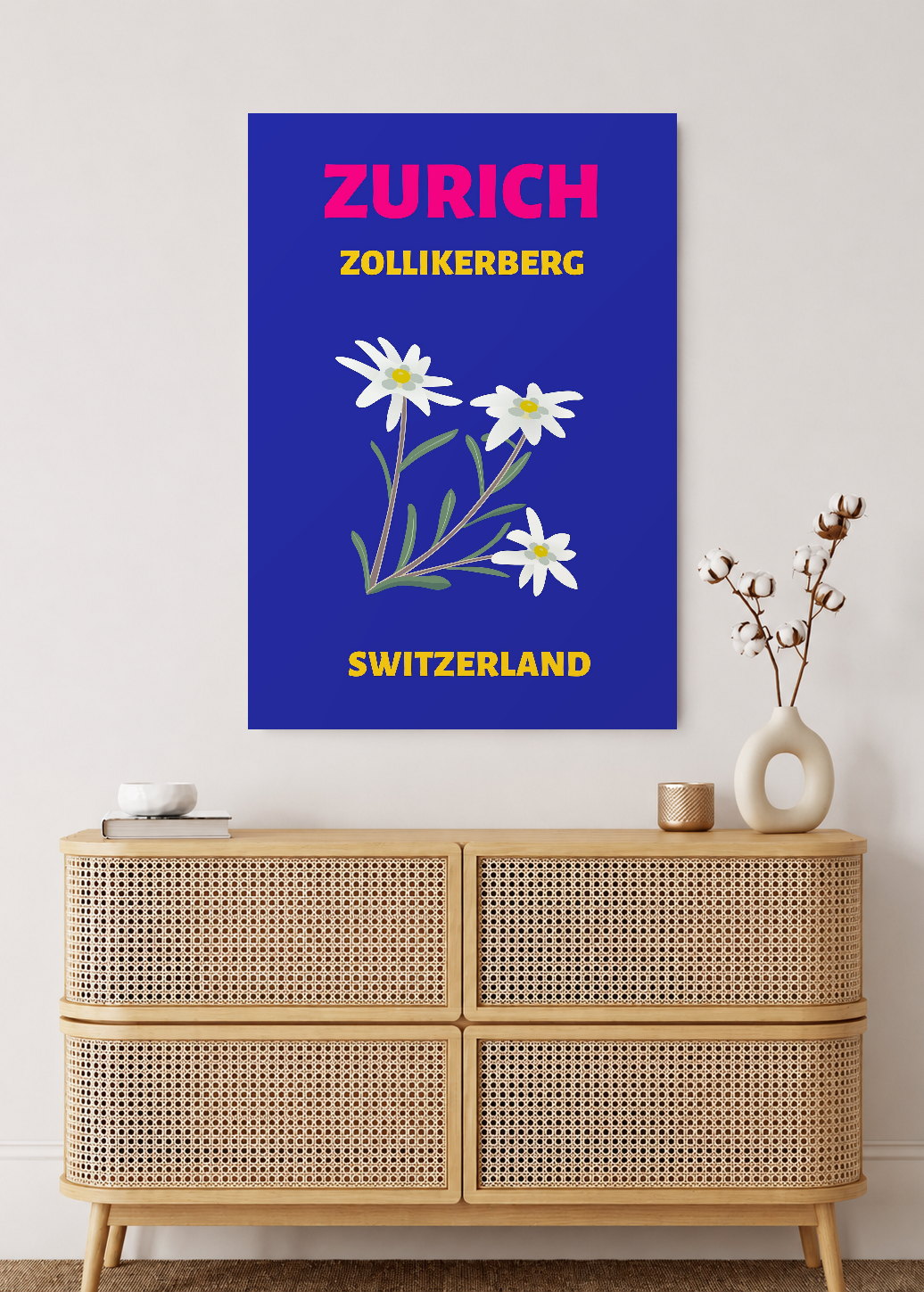 Cuadro Decorativo Mural Sin Marco 5mm - Travel, Zúrich, Suiza, Edelweiss Azul Marino