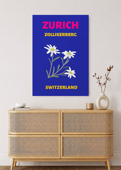 Cuadro Decorativo Mural Sin Marco 5mm - Travel, Zúrich, Suiza, Edelweiss Azul Marino