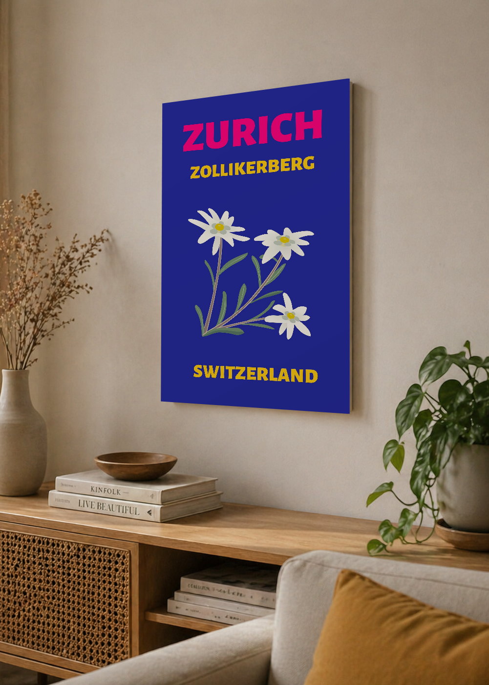 Cuadro Decorativo Mural Sin Marco 5mm - Travel, Zúrich, Suiza, Edelweiss Azul Marino