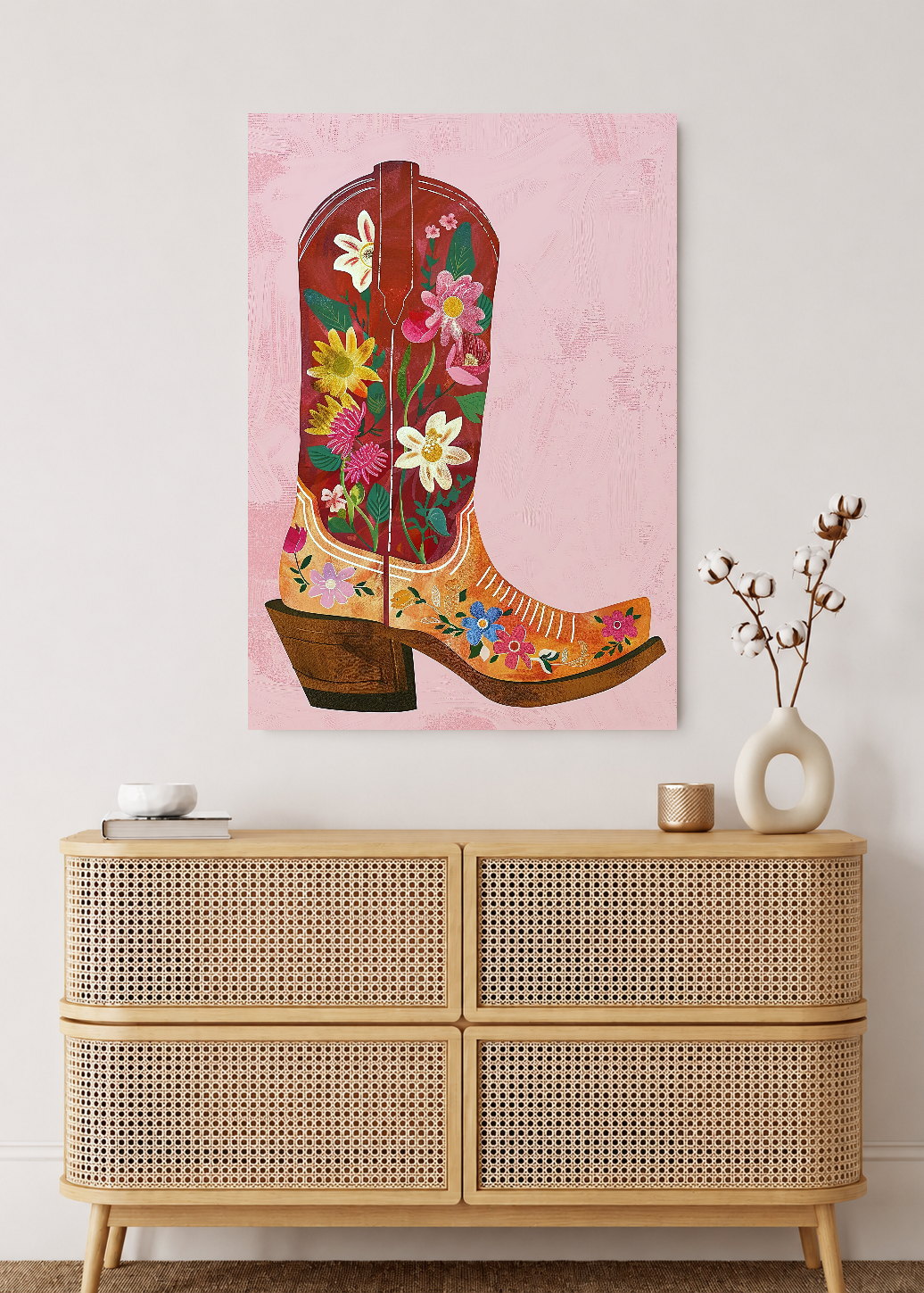Cuadro Decorativo Mural Sin Marco 5mm - Trendy, Bota Texana Flores Rosa