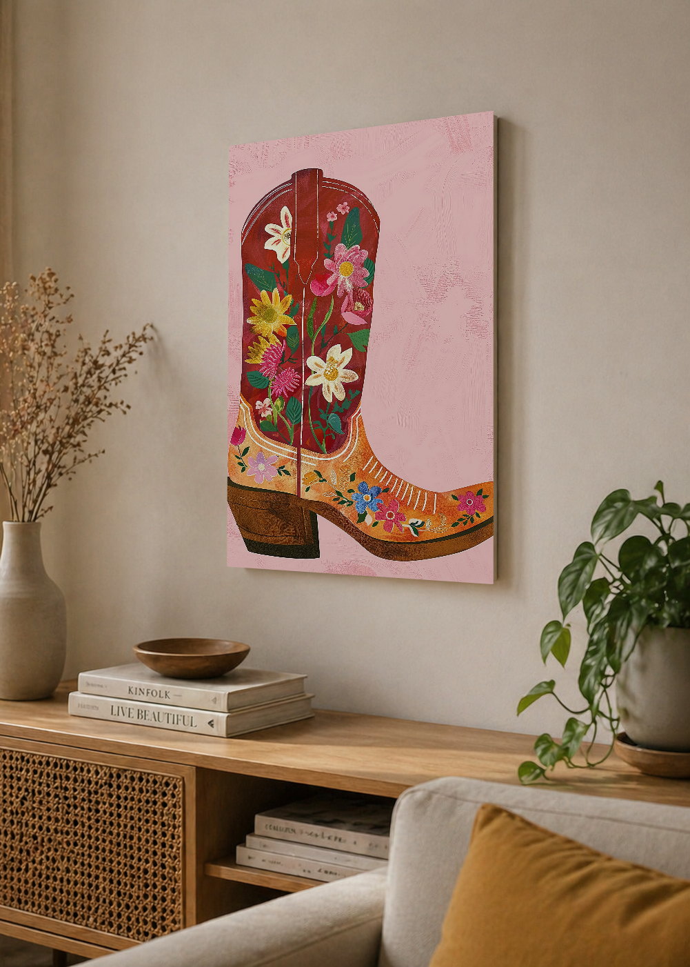 Cuadro Decorativo Mural Sin Marco 5mm - Trendy, Bota Texana Flores Rosa