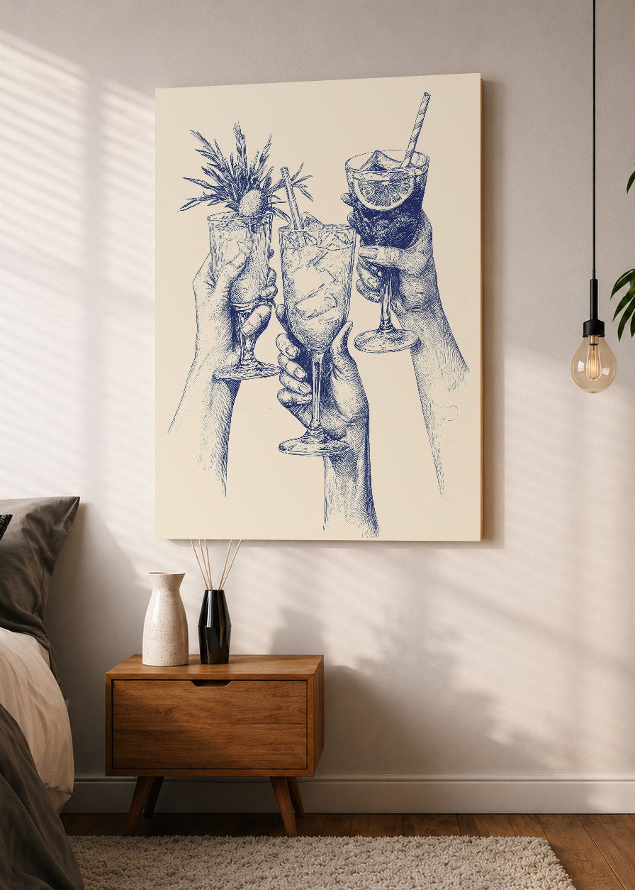 Cuadro Decorativo Mural Sin Marco 5mm - Trendy, Brindis Cocteles Dibujo Azul