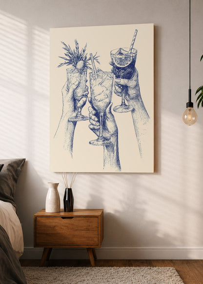 Cuadro Decorativo Mural Sin Marco 5mm - Trendy, Brindis Cocteles Dibujo Azul