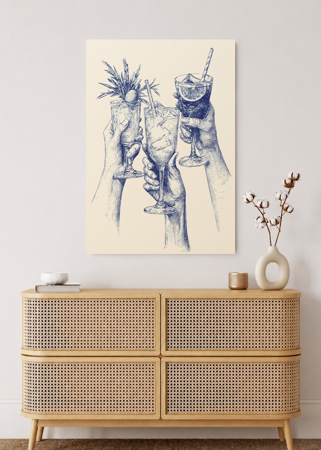Cuadro Decorativo Mural Sin Marco 5mm - Trendy, Brindis Cocteles Dibujo Azul