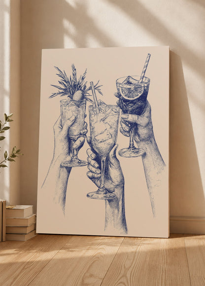Cuadro Decorativo Mural Sin Marco 5mm - Trendy, Brindis Cocteles Dibujo Azul