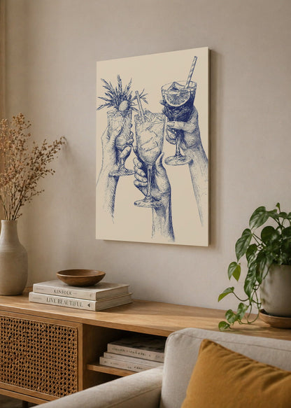Cuadro Decorativo Mural Sin Marco 5mm - Trendy, Brindis Cocteles Dibujo Azul