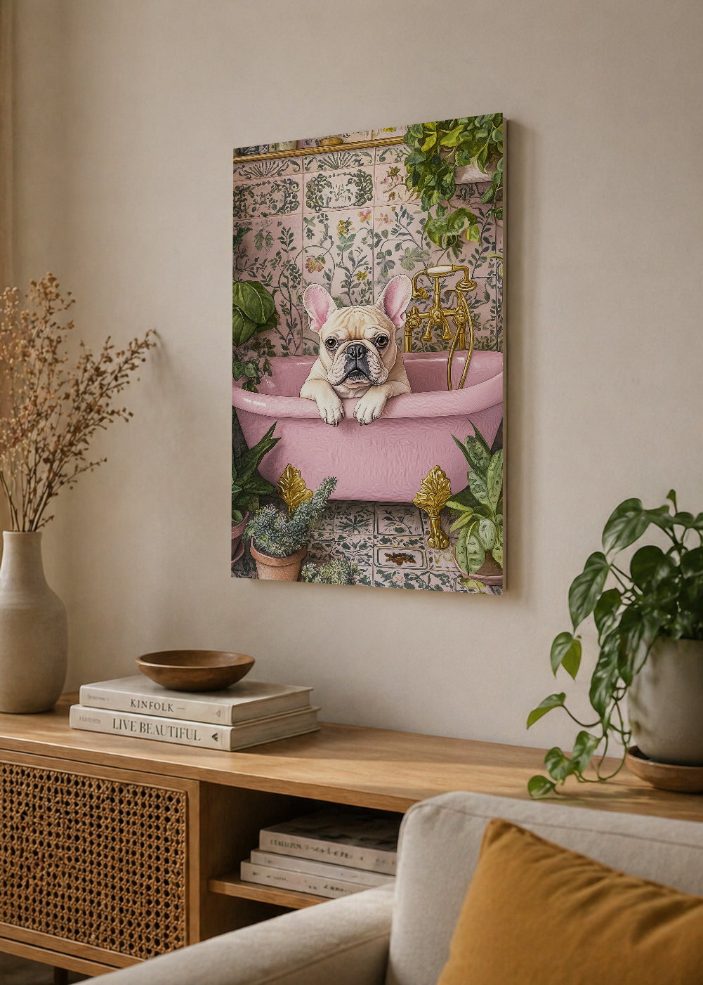 Cuadro Decorativo Mural Sin Marco 5mm - Trendy, Bulldog Bañera Rosa Azulejos